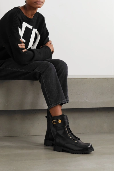 Shop Versace Embellished Leather Ankle Boots In Black
