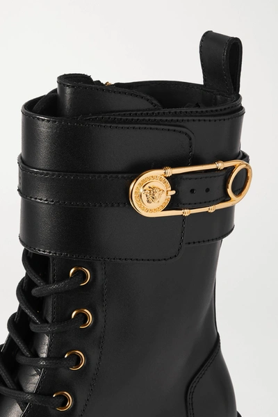 Shop Versace Embellished Leather Ankle Boots In Black