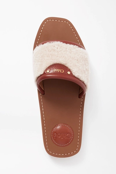 Shop Chloé Woody Leather-trimmed Shearling Slides In Beige