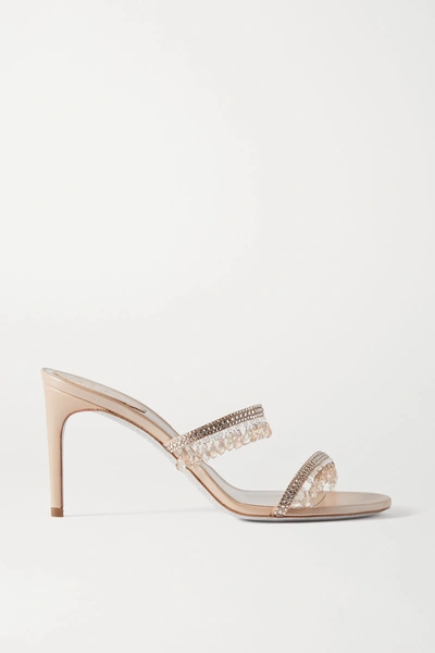 Shop René Caovilla Crystal-embellished Satin And Metallic Leather Sandals In Beige