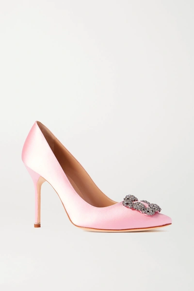 Shop Manolo Blahnik Hangisi Embellished Satin Pumps In Baby Pink