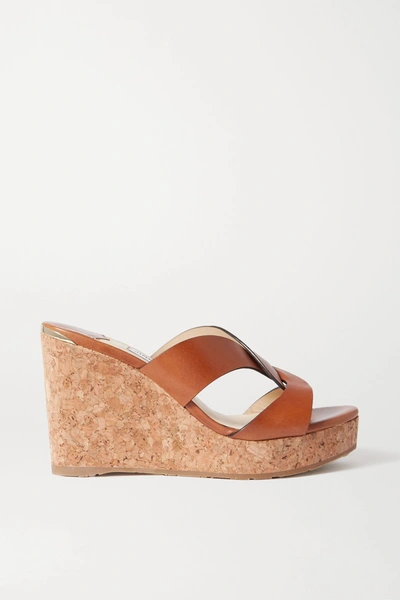 Shop Jimmy Choo Atia 100 Leather Wedge Sandals In Tan