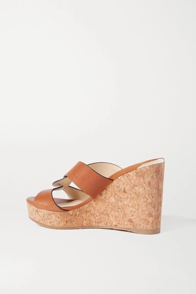 Shop Jimmy Choo Atia 100 Leather Wedge Sandals In Tan