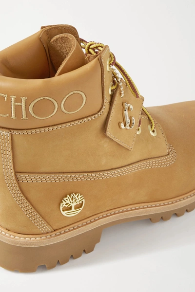 Shop Jimmy Choo + Timberland Embroidered Leather-trimmed Glittered Nubuck Ankle Boots In Tan