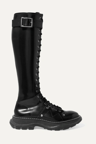 Shop Alexander Mcqueen Glossed-leather Exaggerated-sole Knee Boots In Black