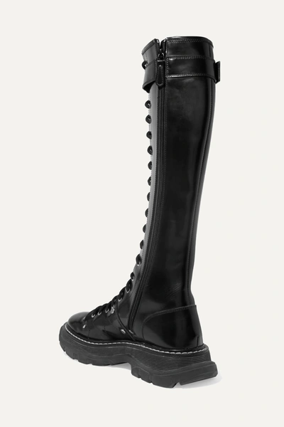 Shop Alexander Mcqueen Glossed-leather Exaggerated-sole Knee Boots In Black