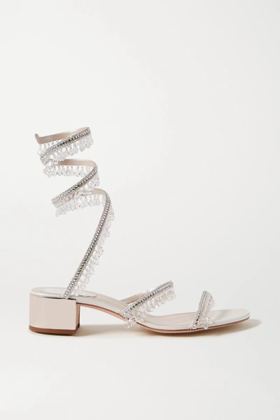 Shop René Caovilla Cleo Embellished Satin And Metallic Leather Sandals In Silver