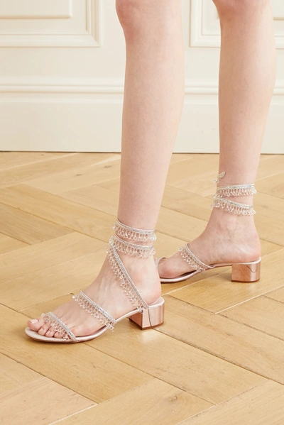 Shop René Caovilla Cleo Embellished Satin And Metallic Leather Sandals In Silver