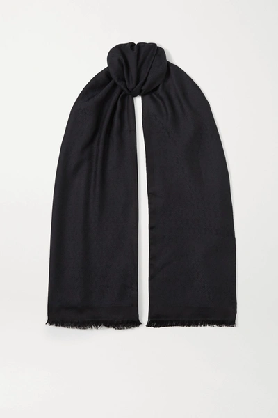 Shop Saint Laurent Fringed Silk And Wool-blend Jacquard Scarf In Black