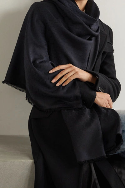 Shop Saint Laurent Fringed Silk And Wool-blend Jacquard Scarf In Black