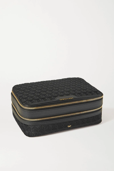 Shop Anya Hindmarch Leather-trimmed Velvet-jacquard Jewelry Case In Black