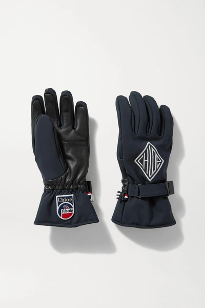 Shop Chloé + Fusalp Embroidered Shell And Leather Ski Gloves In Navy