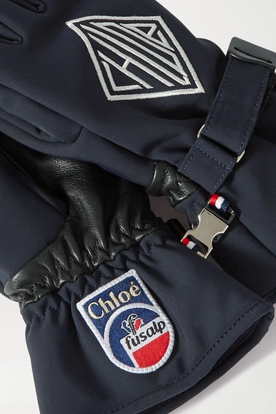 Shop Chloé + Fusalp Embroidered Shell And Leather Ski Gloves In Navy