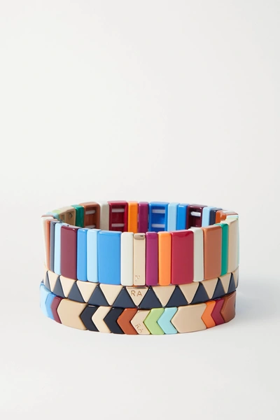 Shop Roxanne Assoulin Grounded Rainbow Set Of Three Enamel And Gold-tone Bracelets In Brown