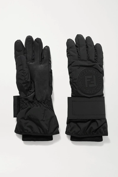 Shop Fendi Appliquéd Shell And Leather Ski Gloves In Black
