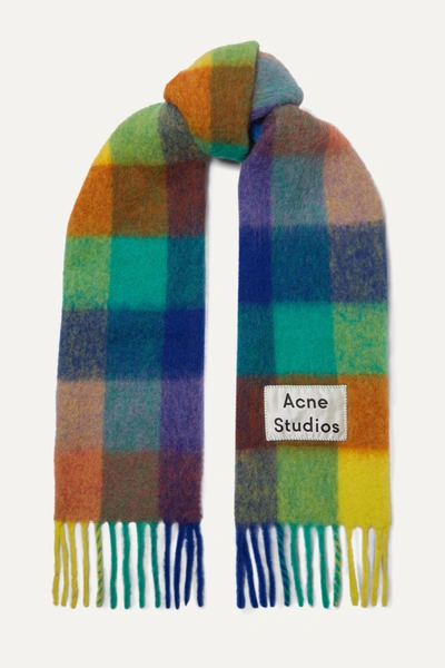 Shop Acne Studios Checked Fringed Knitted Scarf In Blue