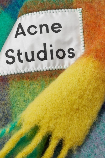 Shop Acne Studios Checked Fringed Knitted Scarf In Blue