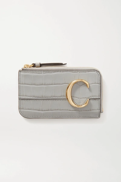 Shop Chloé C Croc-effect Leather Cardholder In Gray