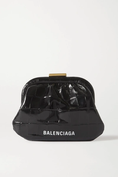 Shop Balenciaga Cloud Printed Croc-effect Leather Pouch In Black