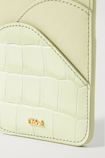 Shop Chloé Walden Smooth And Croc-effect Leather Cardholder In Gray Green