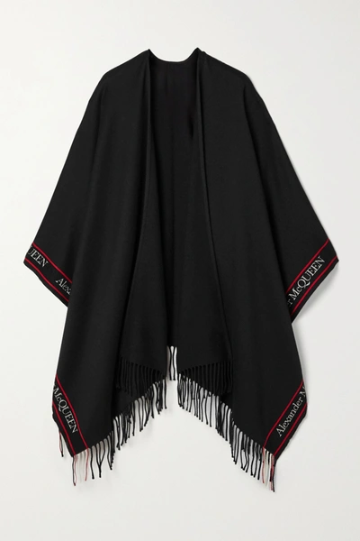 Shop Alexander Mcqueen Fringed Jacquard-trimmed Wool And Cashmere-blend Poncho In Black