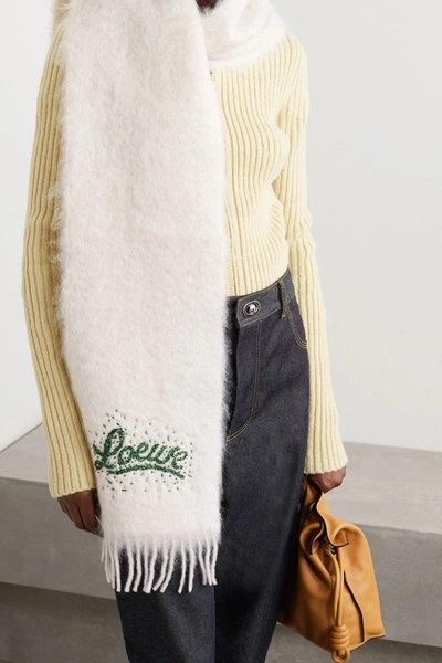Shop Loewe Bead-embellished Mohair-blend Scarf In White