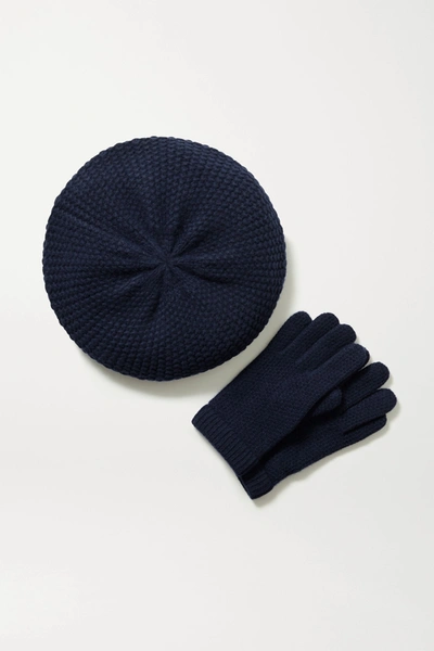 Shop Portolano Cashmere Beret And Gloves Set In Navy