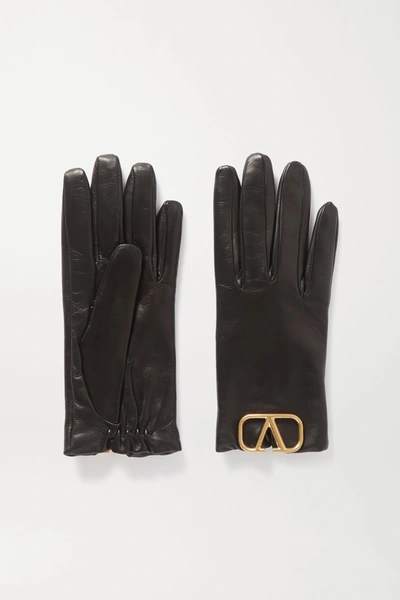 Shop Valentino Embellished Leather Gloves In Black