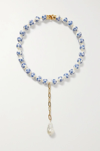 Shop Eliou Coté Gold-plated, Pearl And Bead Necklace In Blue