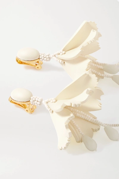 Shop Oscar De La Renta Impatiens Gold-tone, Resin And Bead Clip Earrings In Ivory