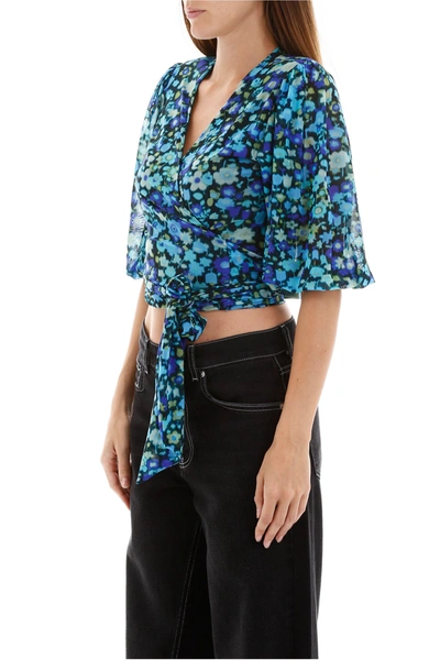Shop Ganni Floral-printed Wrap Top In Azure Blue