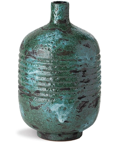 Shop Nuove Forme Embossed Stripe Ceramic Vase In Blue