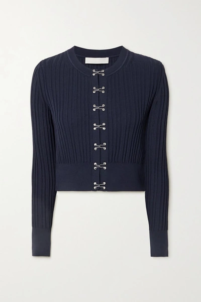 Shop Dion Lee Cropped Ribbed-knit Cardigan In Midnight Blue