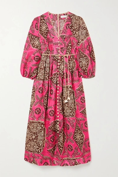 Shop Zimmermann Lulu Belted Crochet-trimmed Printed Linen Midi Dress In Pink