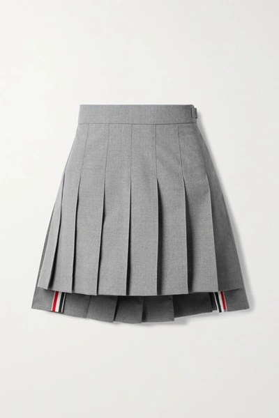 Shop Thom Browne Grosgrain-trimmed Pleated Wool-blend Mini Skirt In Gray