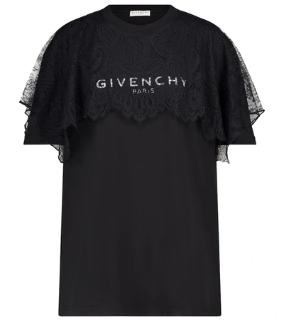 Shop Givenchy Lace-trimmed Logo Cotton T-shirt In Black