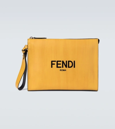 Shop Fendi Logo Leather Pouch In Yellow