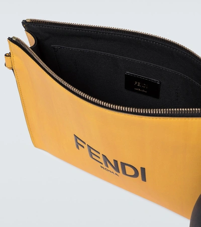 Shop Fendi Logo Leather Pouch In Yellow