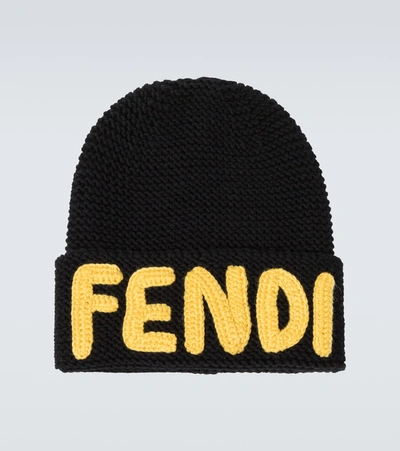 Shop Fendi Logo Wool Beanie Hat In Black