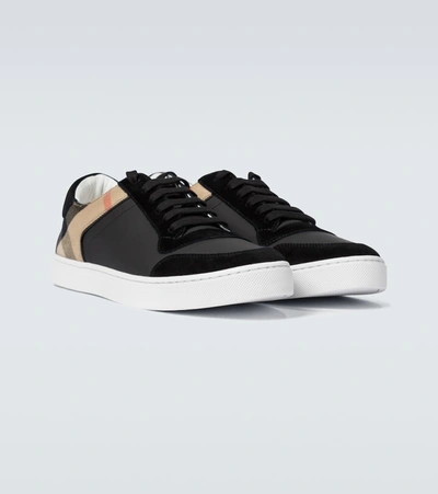 Shop Burberry Reeth Checked Leather Sneakers In Black