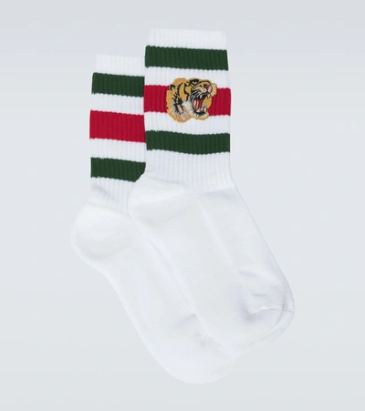 Shop Gucci Stretch Cotton Socks With Tiger In White