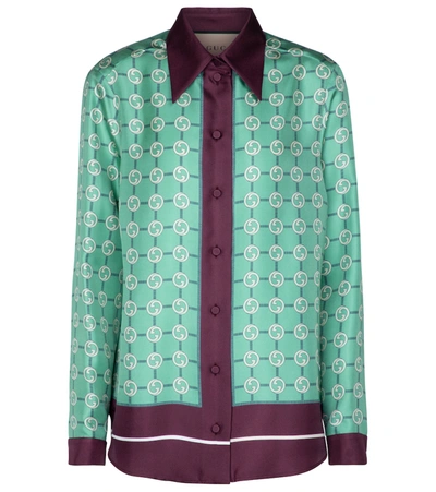 Shop Gucci Gg Printed Silk Twill Shirt In Green