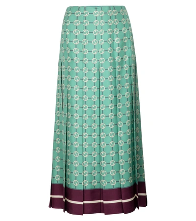 Shop Gucci Gg Printed Silk Twill Midi Skirt In Green