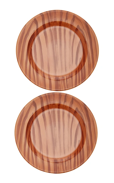 Shop Este Ceramiche Set-of-two Wood-print Ceramic Charger Plates In Brown