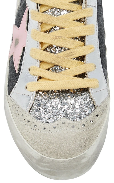 Shop Golden Goose Mid-star Glitter-embellished Leather Wave Sneakers In Black