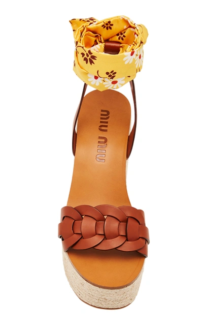 Shop Miu Miu Leather Foulard Platform Sandals In Brown