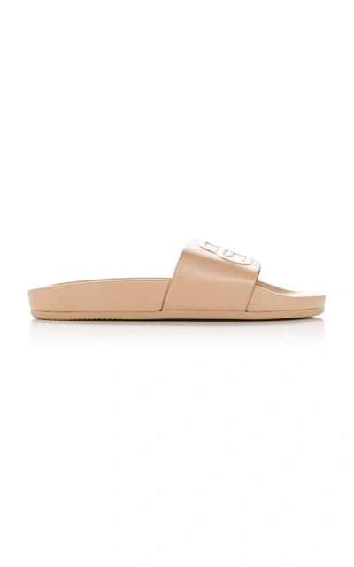 Shop Balenciaga Logo-embossed Leather Slides In Nude