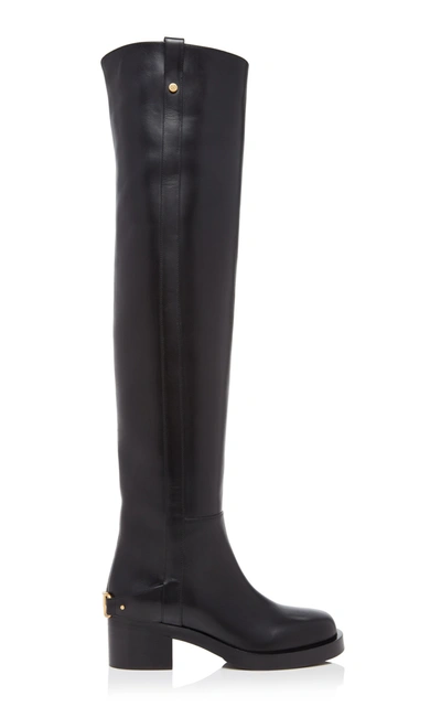 Shop Valentino Garavani V-troop Over-the-knee Leather Boots In Black
