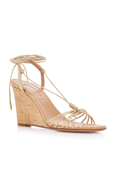 Shop Aquazzura Whisper Strappy Leather Wedges In Gold
