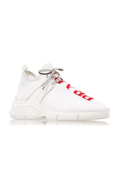 Prada Leather-trimmed Logo-intarsia Stretch-knit Sneakers In White |  ModeSens